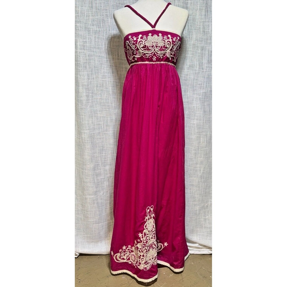MM Couture Miss Me Maxi Dress Womens‎ M Pink Embroidered Boho Halter MMCD0325